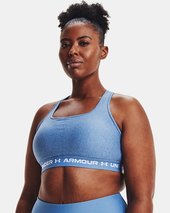 Women's Armour® Mid Crossback Heather Sports Bra, Blue, pdpMainDesktop image number 3